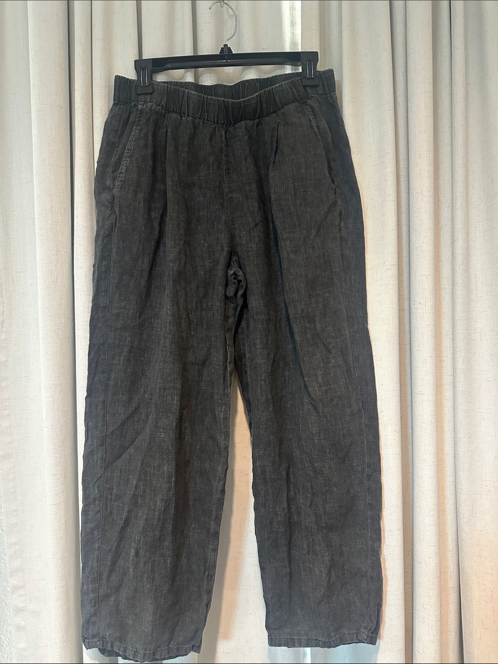 Eileen Fisher Dark Charcoal Elastic-Waist Cropped Linen Pants